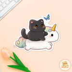 Moshicat cute cat die-cut sticker, cute unicorn Vinyl Sticker, matte sticker, glossy sticker, cute cat illustration, kitty journal, cute black cat, cute unicorn sticker